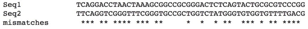 Alignment: Stars show 29 mismatch sites for two 50-letter sequences (42% similar). 